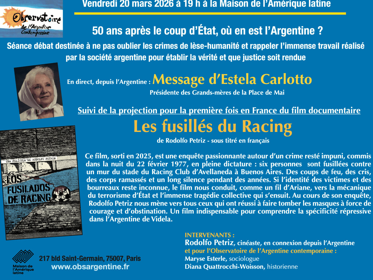Séance débat ouverte par un message d&rsquo;Estela de Carlotto et suivie par la projection du documentaire « Les fusillés du Racing » — 20&nbsp;mars